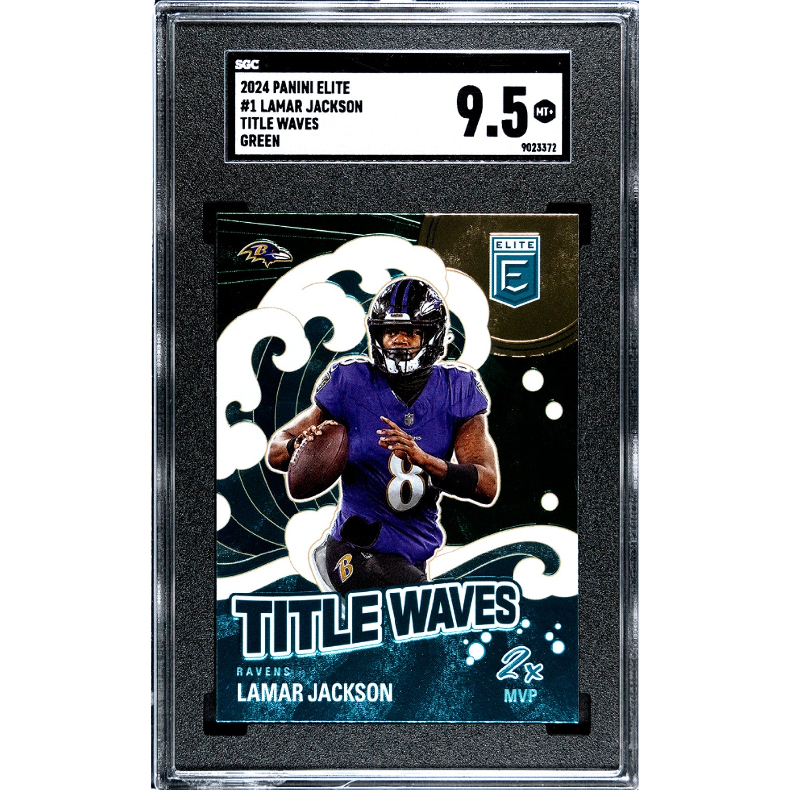 Lamar Jackson 2024 Panini Elite Title Waves Green #1 SGC Graded 9.5 MT+