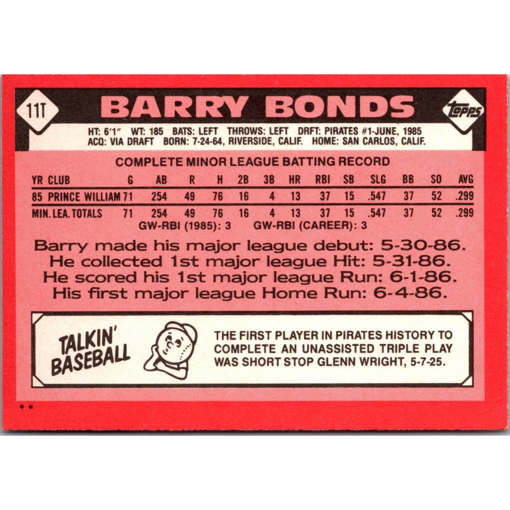 Barry Bonds 1986 Topps Traded #11T (RC) Rookie Card Pittsburgh Pirates NM+