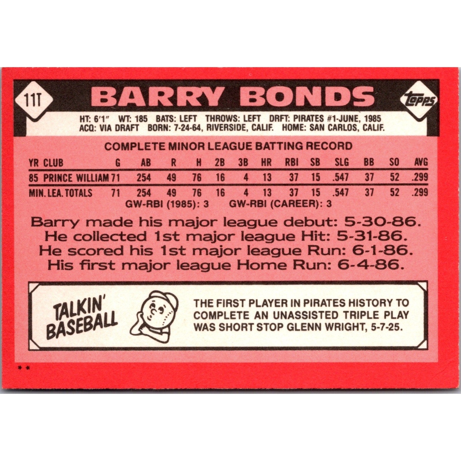 Barry Bonds 1986 Topps Traded #11T (RC) Rookie Card Pittsburgh Pirates NM+