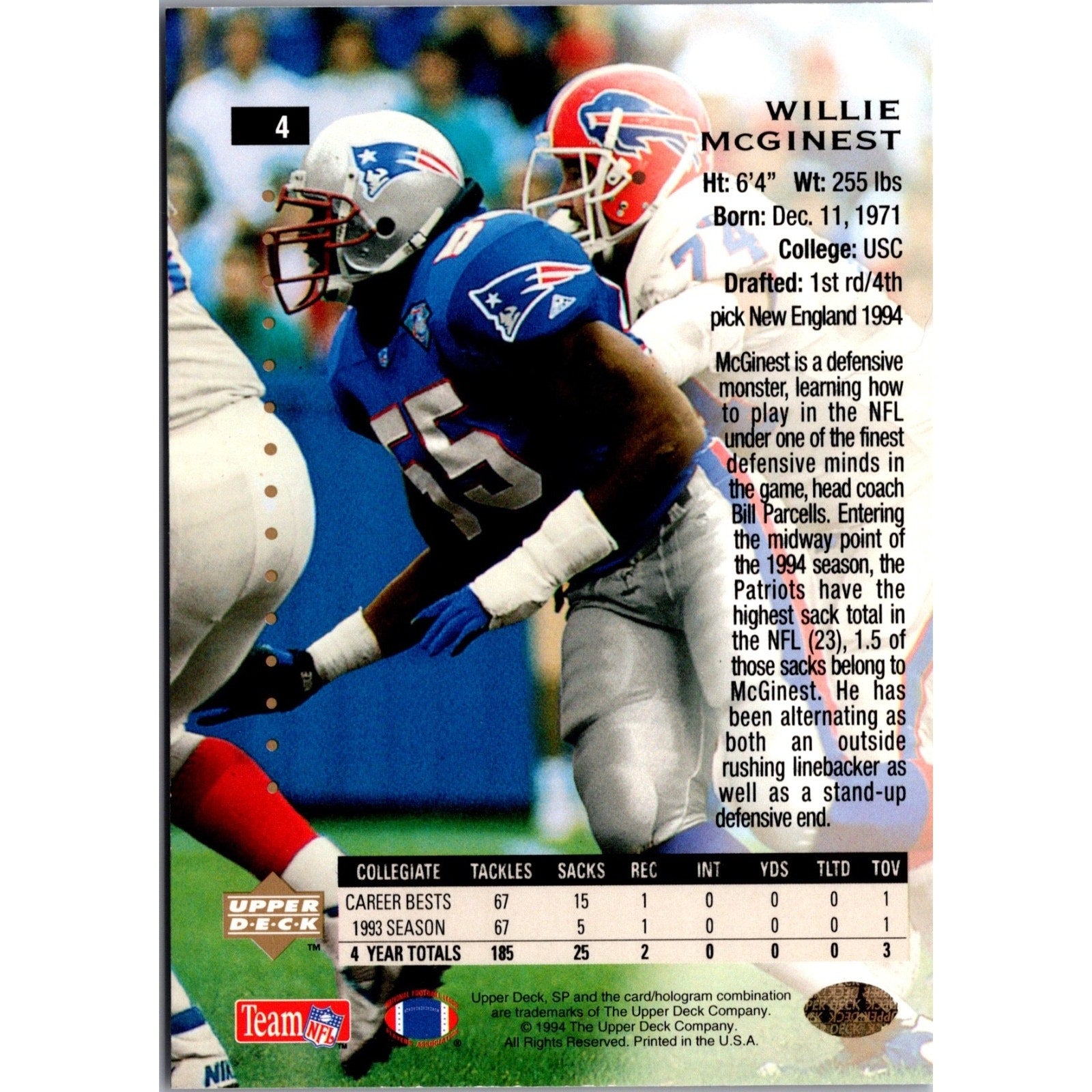 WILLIE McGINEST, 1994 UPPER DECK PREMIER PROSPECTS #4 RC New England Patriots