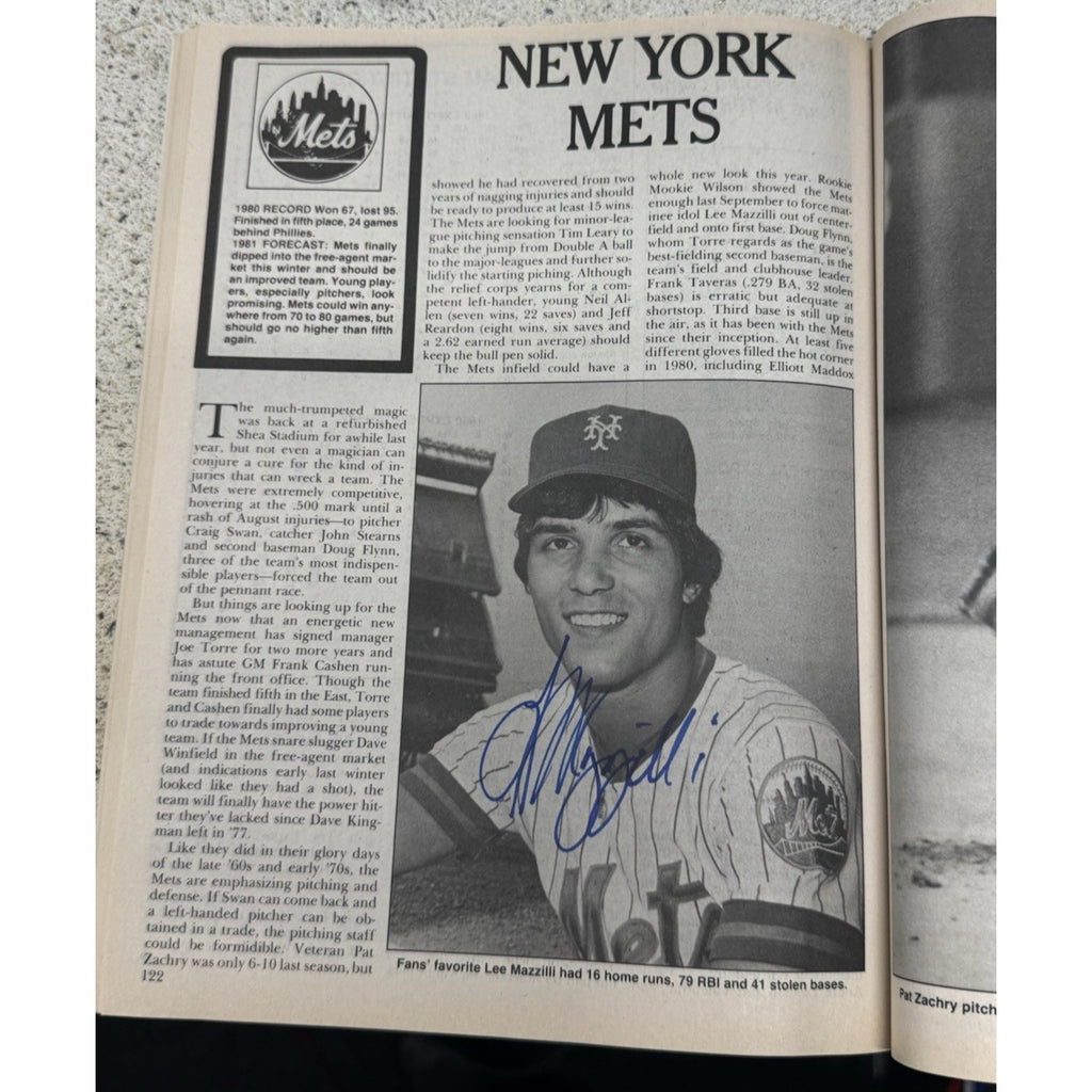 Autographed New York Mets player feature page from 1980 baseball memorabilia magazine
