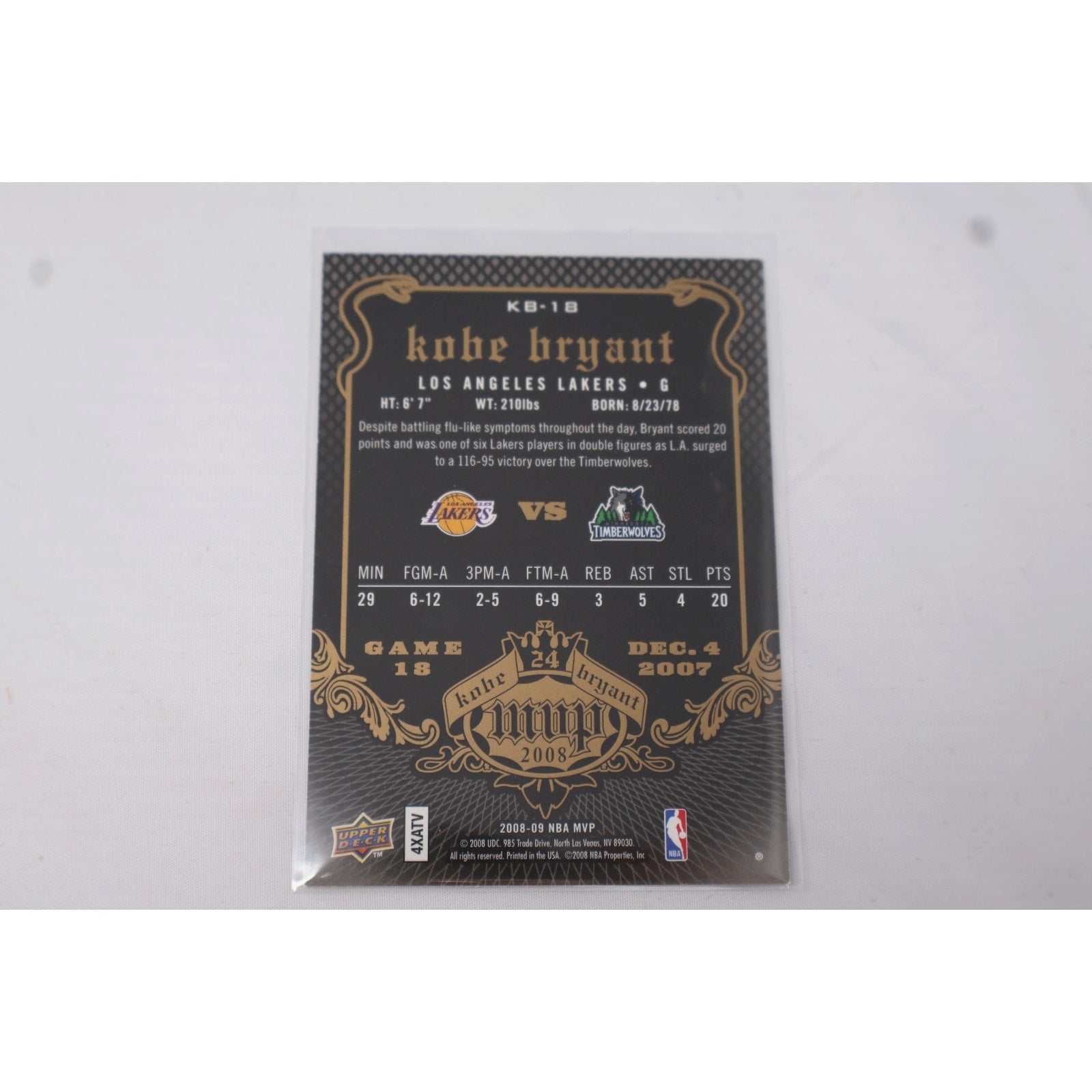 Kobe Bryant 2008-09 Upper Deck MVP 2008 Black Border Game 18 #KB-18 Mint
