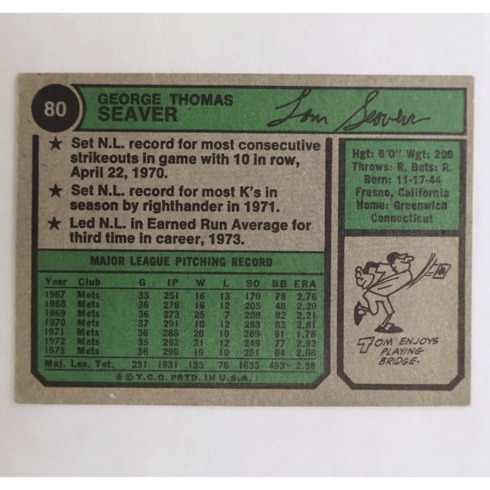 Tom Seaver 1974 Topps #80 New York Mets EX Couple Slight Creases On Front