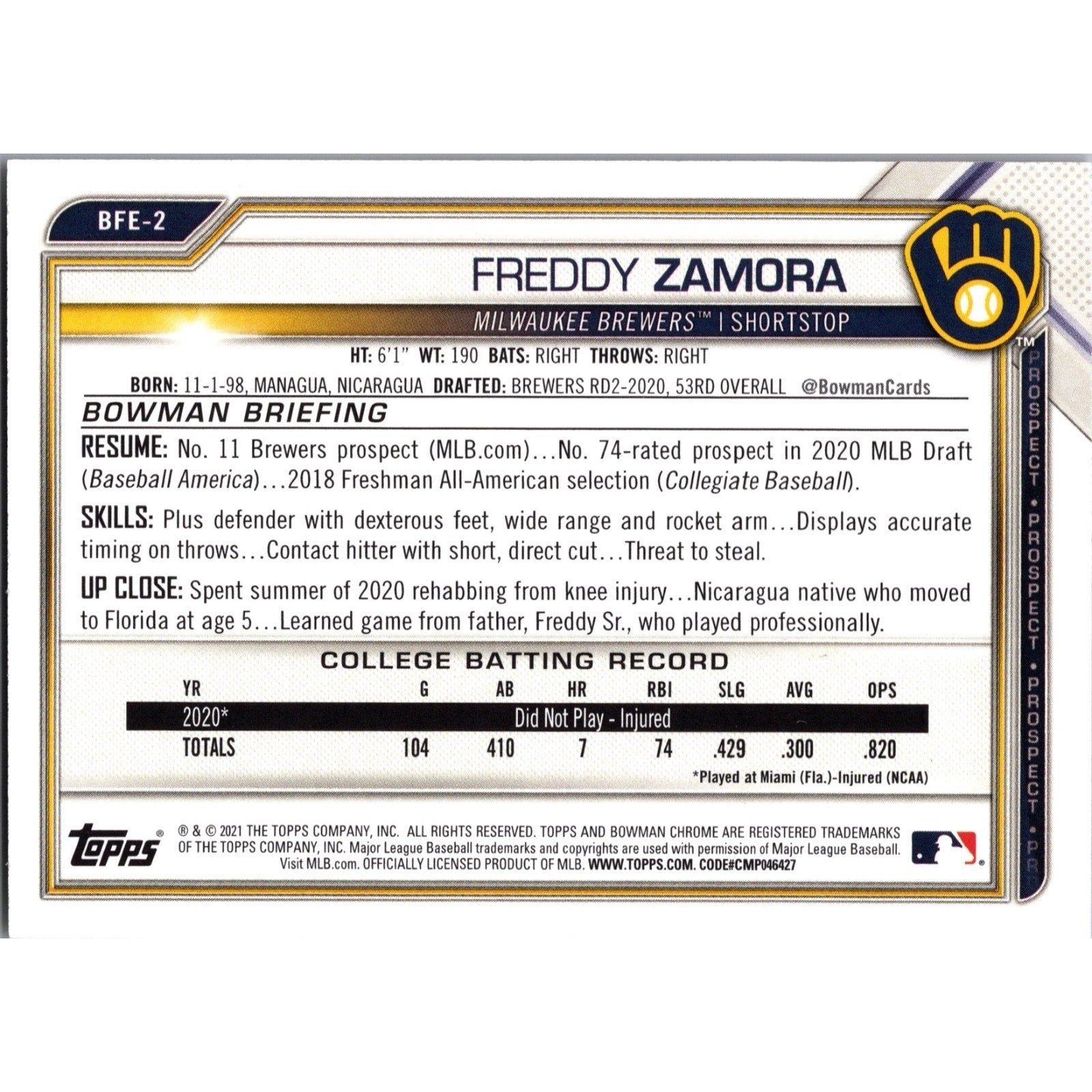 Freddy Zamora 2021 Bowman 1st Edition #BFE-2 Gold Foil /50 (RC) Future Star Mint