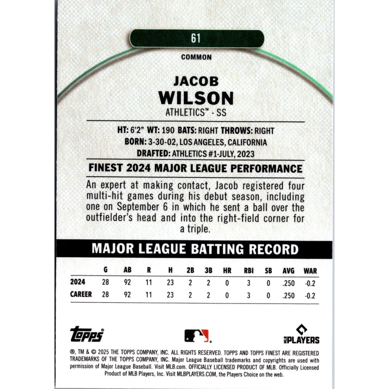 Jacob Wilson 2025 Topps Finest Rookie Base Common #61 Sacramento Athletics RC