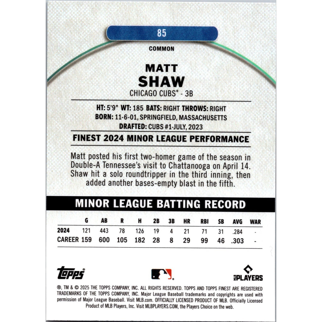 2025 Topps Finest Baseball Matt Shaw #85 Checkerboard Common Cubs RC