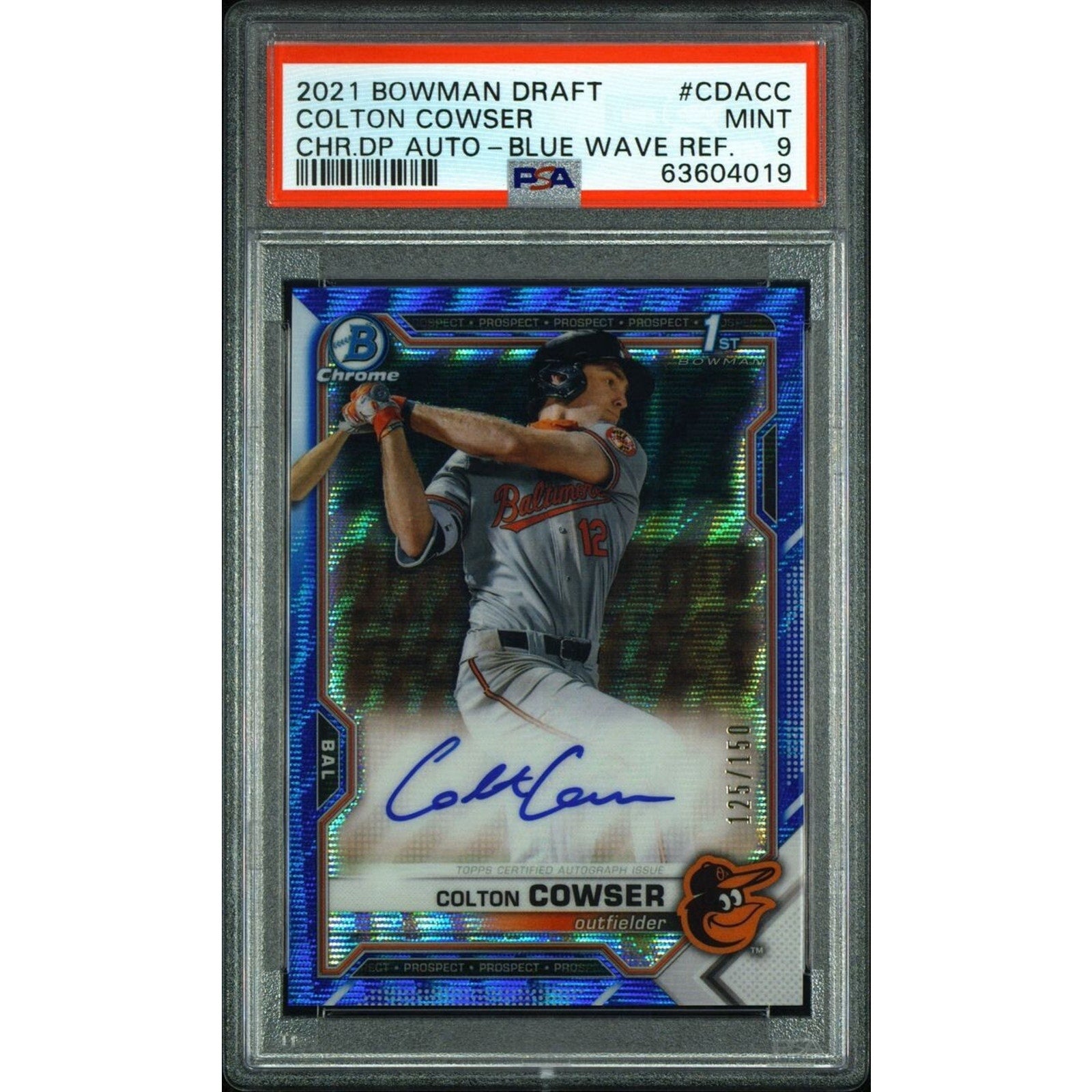 COLTON COWSER 1ST BOWMAN CHROME BLUE AUTO 2021 REFRACTOR /150 MINT PSA 9