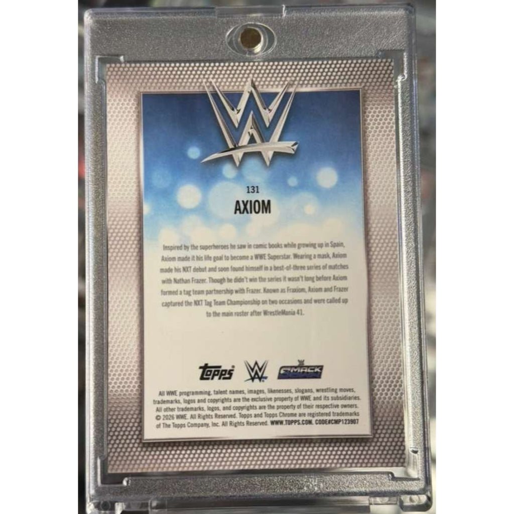 Back of 2026 Topps Chrome WWE Axiom Blue Refractor card serial numbered to 150 in magnetic one-touch holder