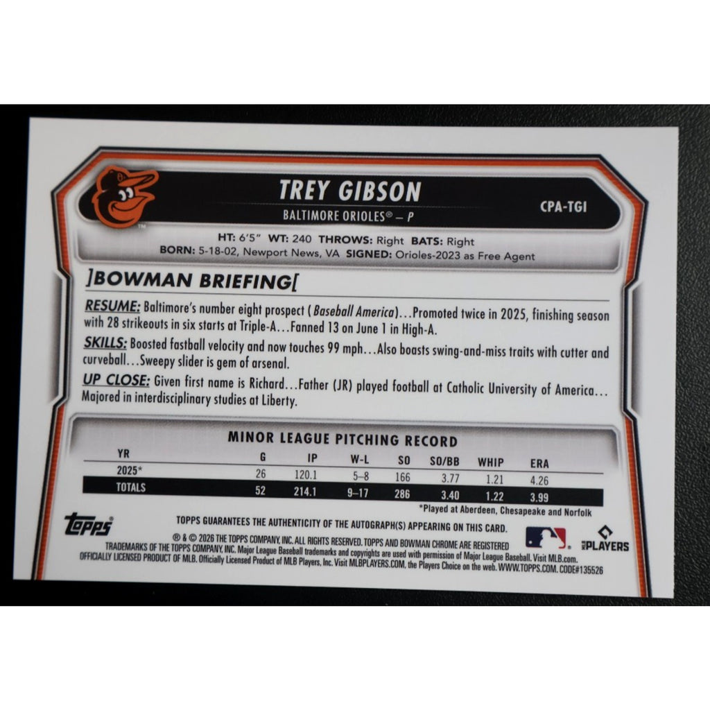 2026 Bowman Chrome Trey Gibson Gold Rookie Auto Lava Refractor /50 Orioles RC