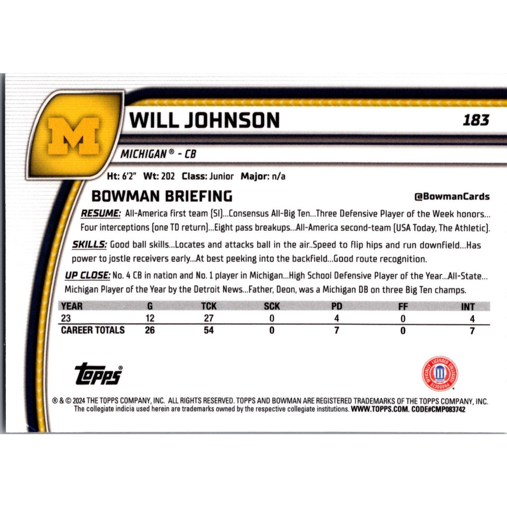 Will Johnson 2024 Bowman University Chrome #183 Michigan Wolverines