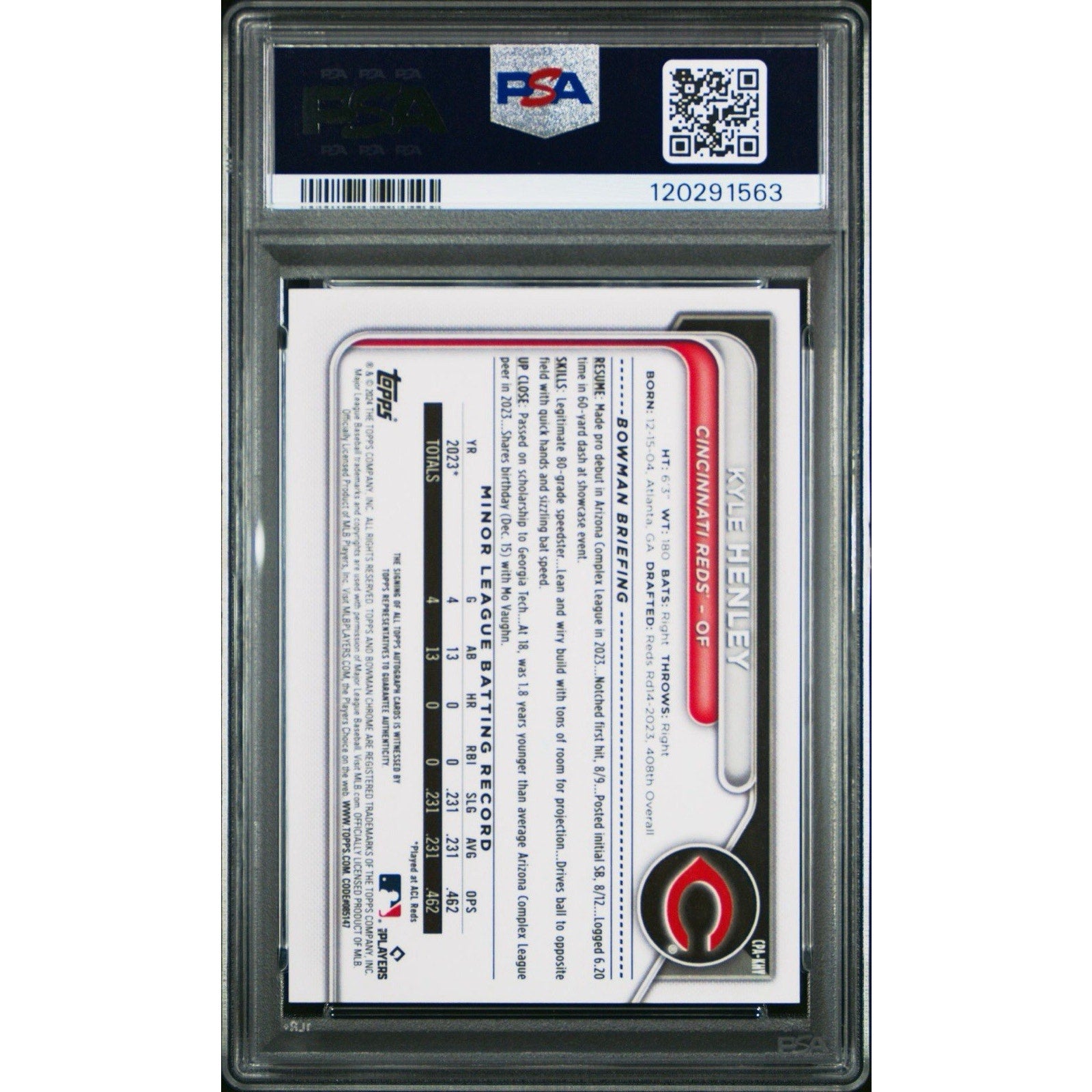 Kyle Henley 2024 Bowman Chrome Yellow Refractor 1st Prospect Auto /75 PSA 10