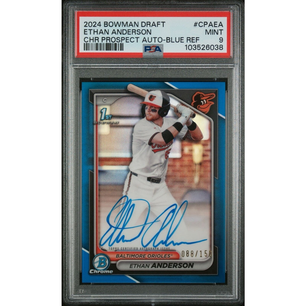 2024 BOWMAN DRAFT ETHAN ANDERSON RC AUTO #CPA-EA BLUE REFRACTOR /150 PSA 9 1st