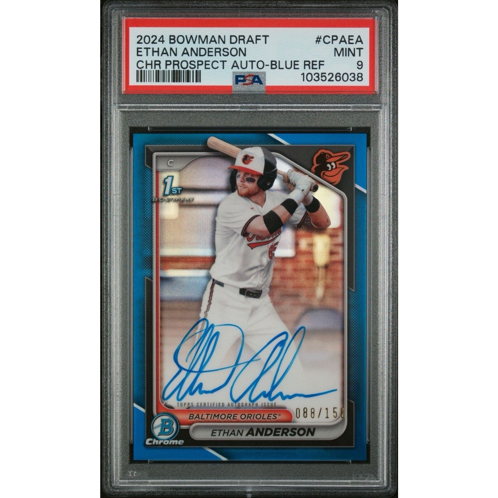 2024 BOWMAN DRAFT ETHAN ANDERSON RC AUTO #CPA-EA BLUE REFRACTOR /150 PSA 9 1st