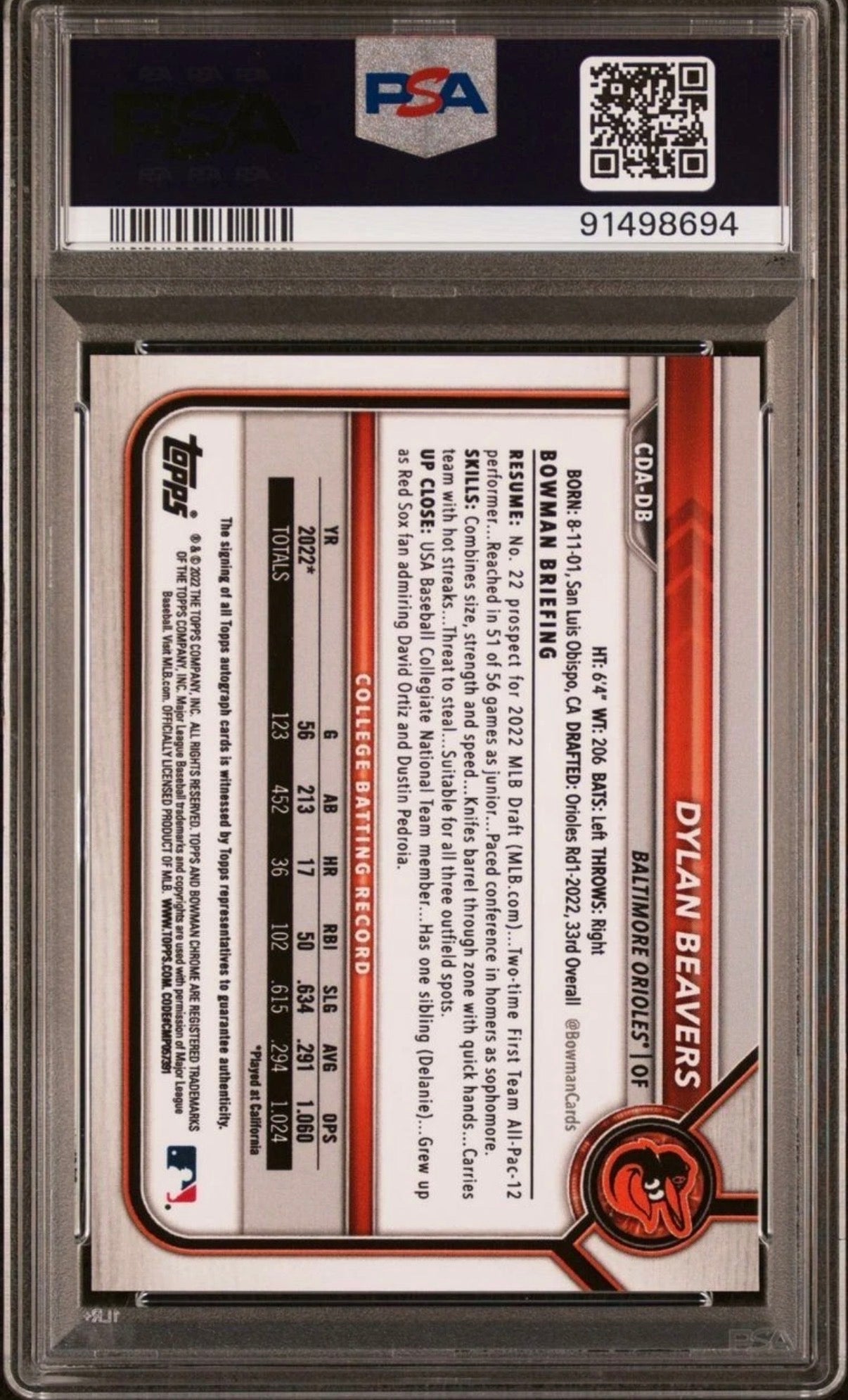 2022 Bowman Chrome Dylan Beavers Rookie Auto Orange Refractor /25 PSA