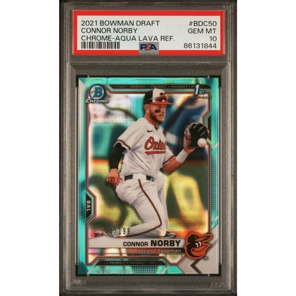 2021 1st Bowman Draft Chrome Connor Norby Aqua Lava Refractor /199 BDC50 PSA 10