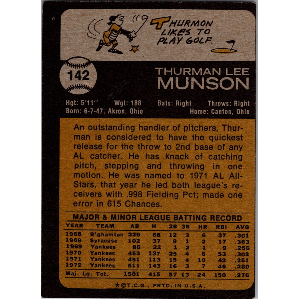 Thurman Munson 1973 Topps #142 VG+-EX Great Corners