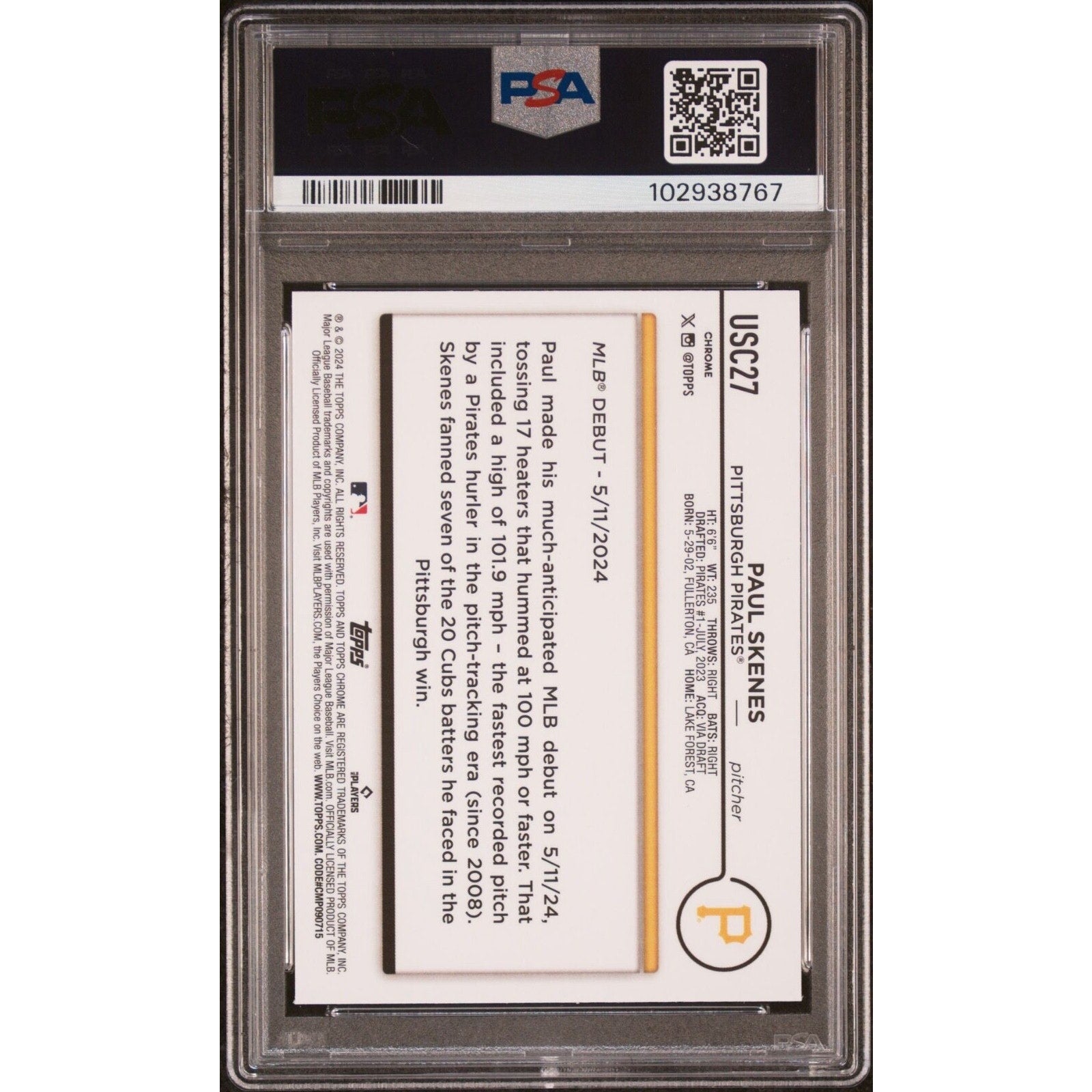 2024 TOPPS CHROME UPDATE USC27 PAUL SKENES Pirates Rookie RC #USC27 PSA 9 Mint