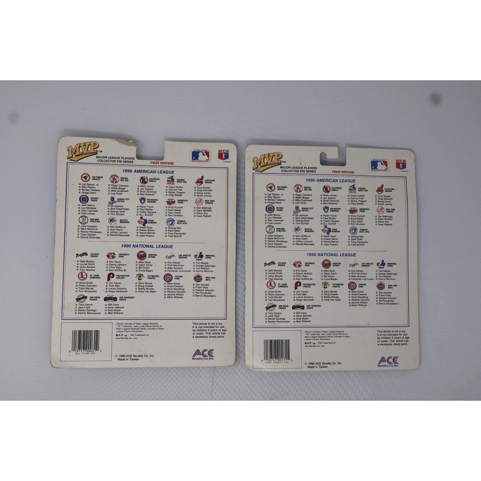 Lot of 2 1990 MVP MLB Collector Pin Series Kirby Puckett/Will Clark Unopened