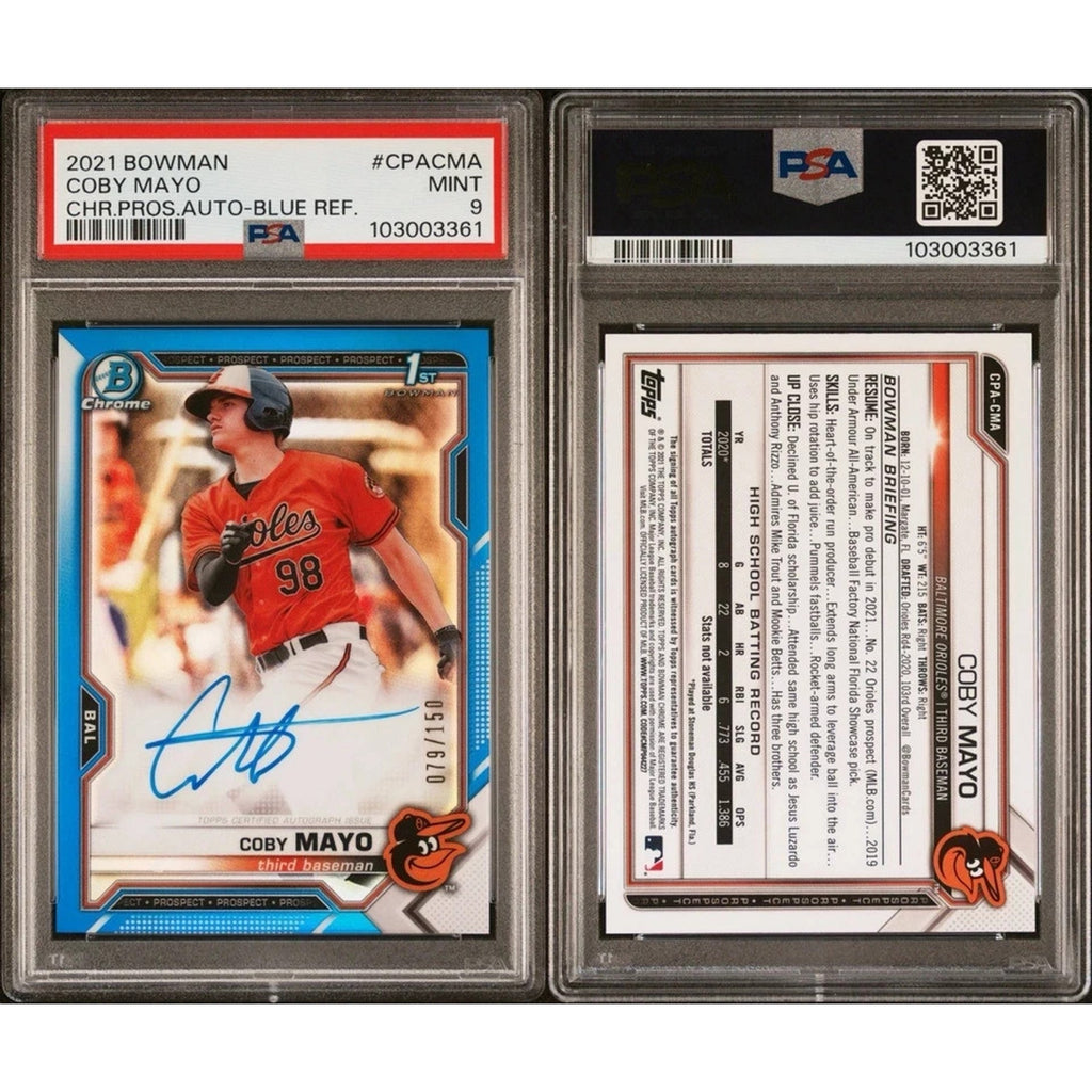 2021 Bowman Chrome Draft 1st Coby Mayo Blue Refractor Auto /150 PSA 9 Mint