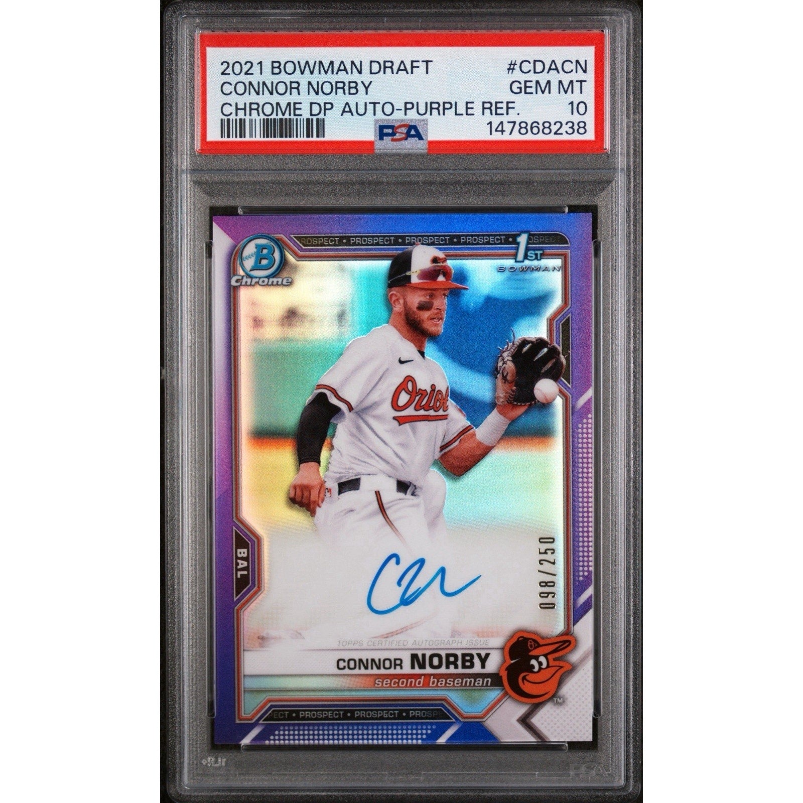 2021 Bowman Draft Chrome Connor Norby Purple Refractor autograph card PSA 10 Gem Mint numbered to 250 featuring Baltimore Orioles prospect