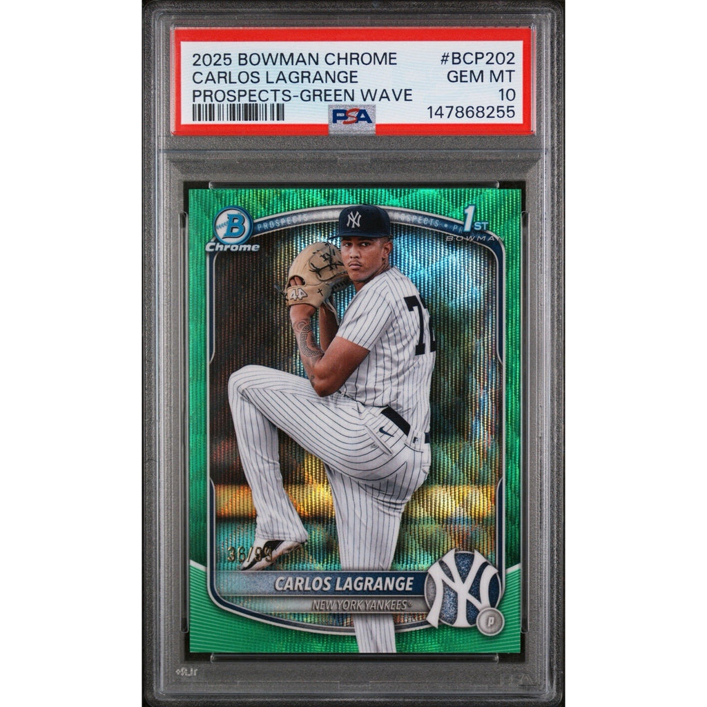 2025 Bowman Chrome Carlos Lagrange #BCP-202 Green Wave Refractor /99 PSA 10 Gem Mint New York Yankees prospect card front