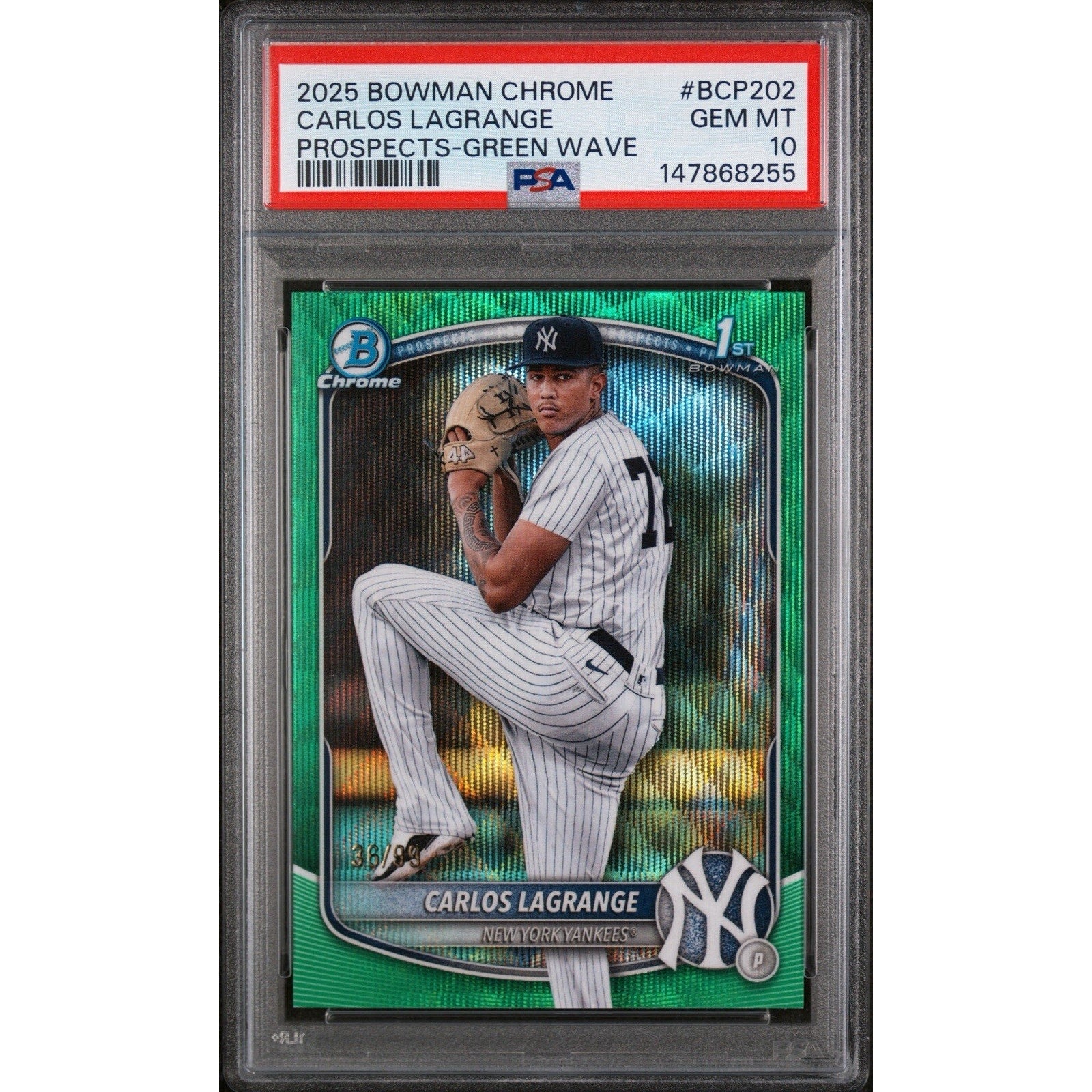 2025 Bowman Chrome Carlos Lagrange #BCP-202 Green Wave Refractor /99 PSA 10 Gem Mint New York Yankees prospect card front