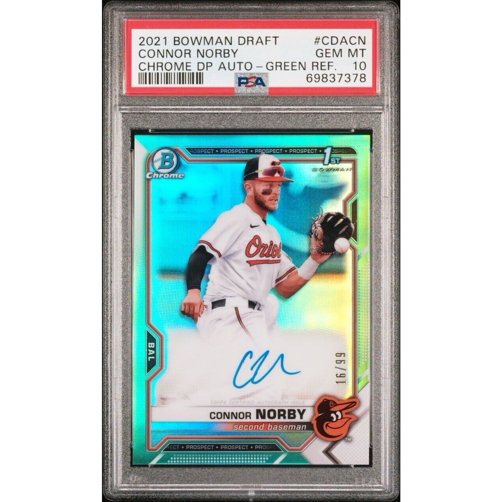 2021 1st Bowman Chrome Connor Norby Draft Green Refractor /99 #BDC50 PSA 10