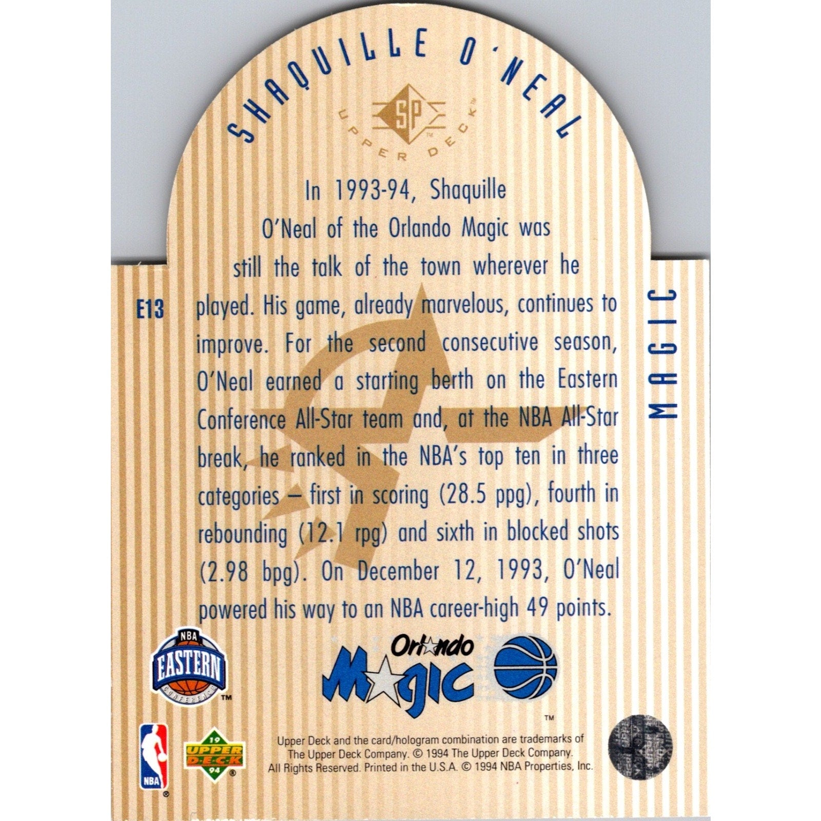 1994 UPPER DECK SHAQUILLE O'NEAL TWO TIME ALL STAR DIE CUT GOLD FOIL #E13 NM