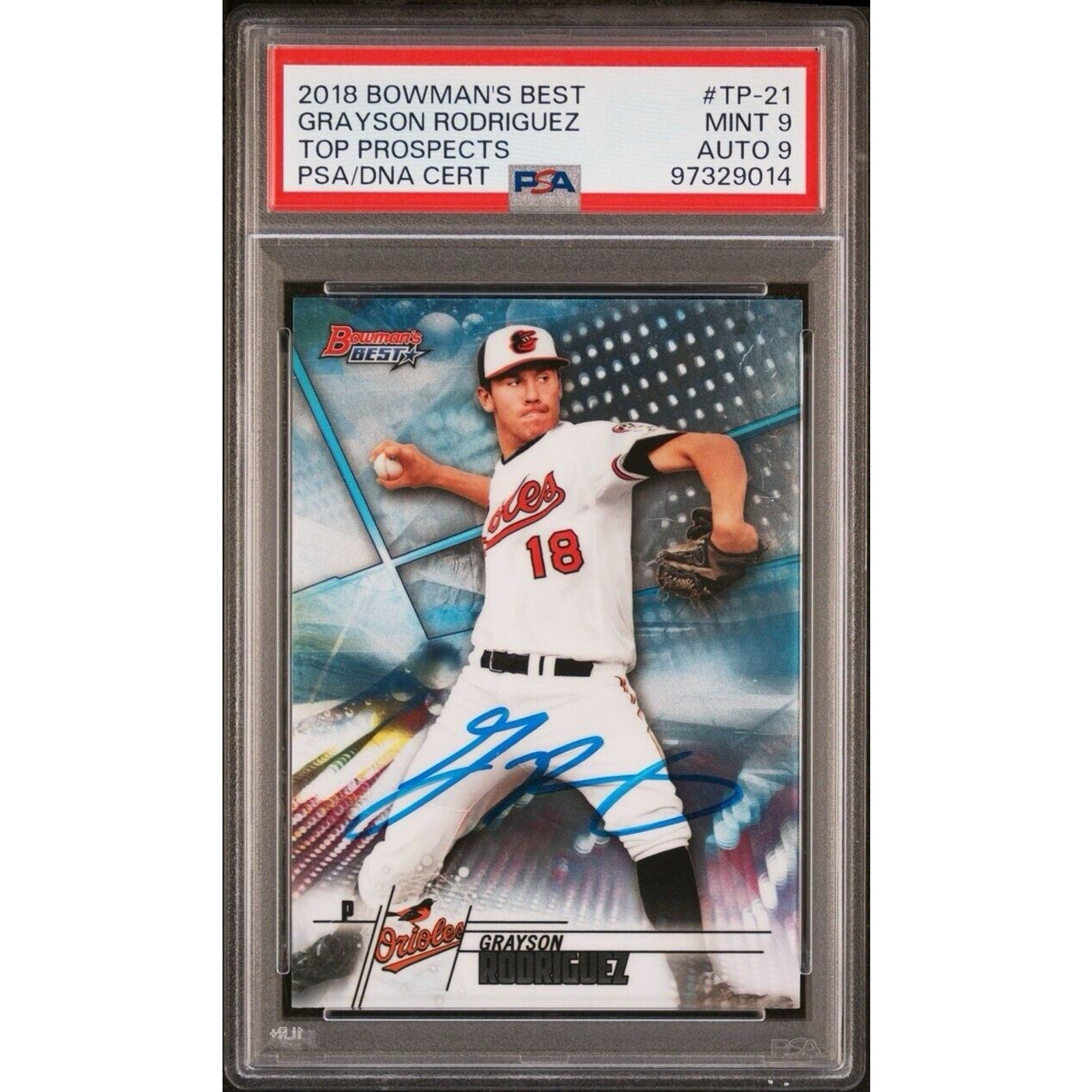 2018 Topps Bowman Best Grayson Rodriguez PSA 9 Auto DNA 9 Rookie Orioles TP-21
