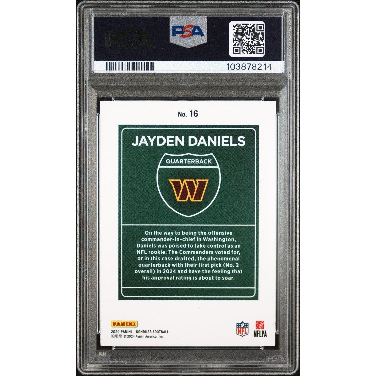 2024 Panini Donruss Downtown! Jayden Daniels #16 Rookie PSA 9 Mint Commanders