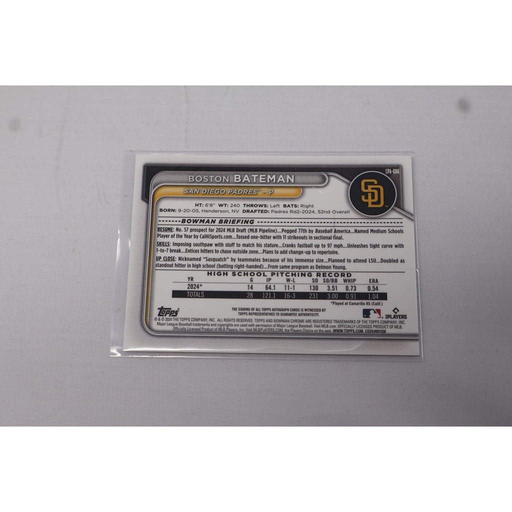 Boston Bateman 2024 1st Bowman Chrome Auto #CPA-BBA Signed Rookie Card RC