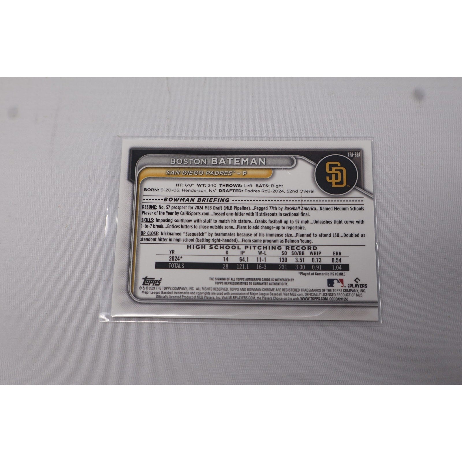 Boston Bateman 2024 1st Bowman Chrome Auto #CPA-BBA Signed Rookie Card RC