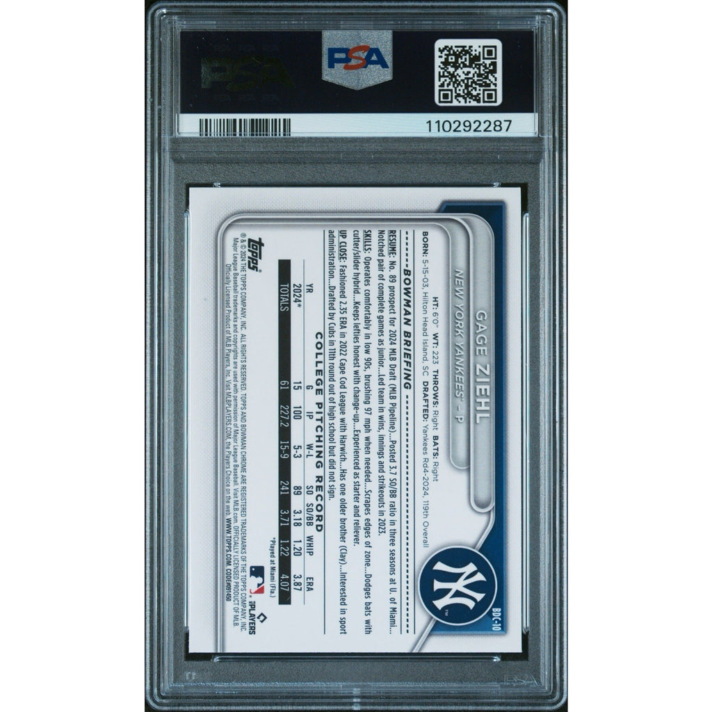 2024 BOWMAN DRAFT CHROME SPARKLE REFRACTOR #BDC-10 Gage Ziehl /200 PSA 10 POP 1