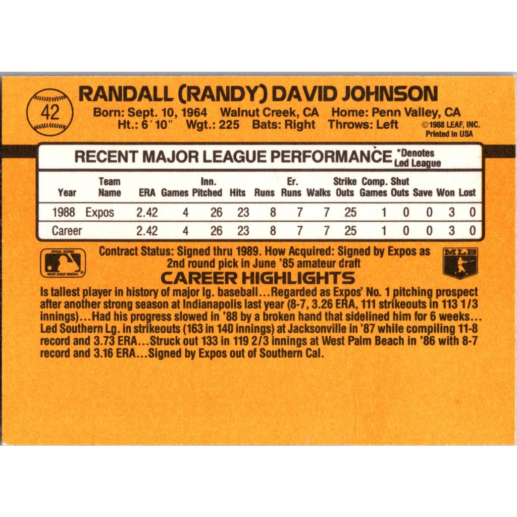 Randy Johnson 1989 Donruss #42 Rookie Montreal Expos NM