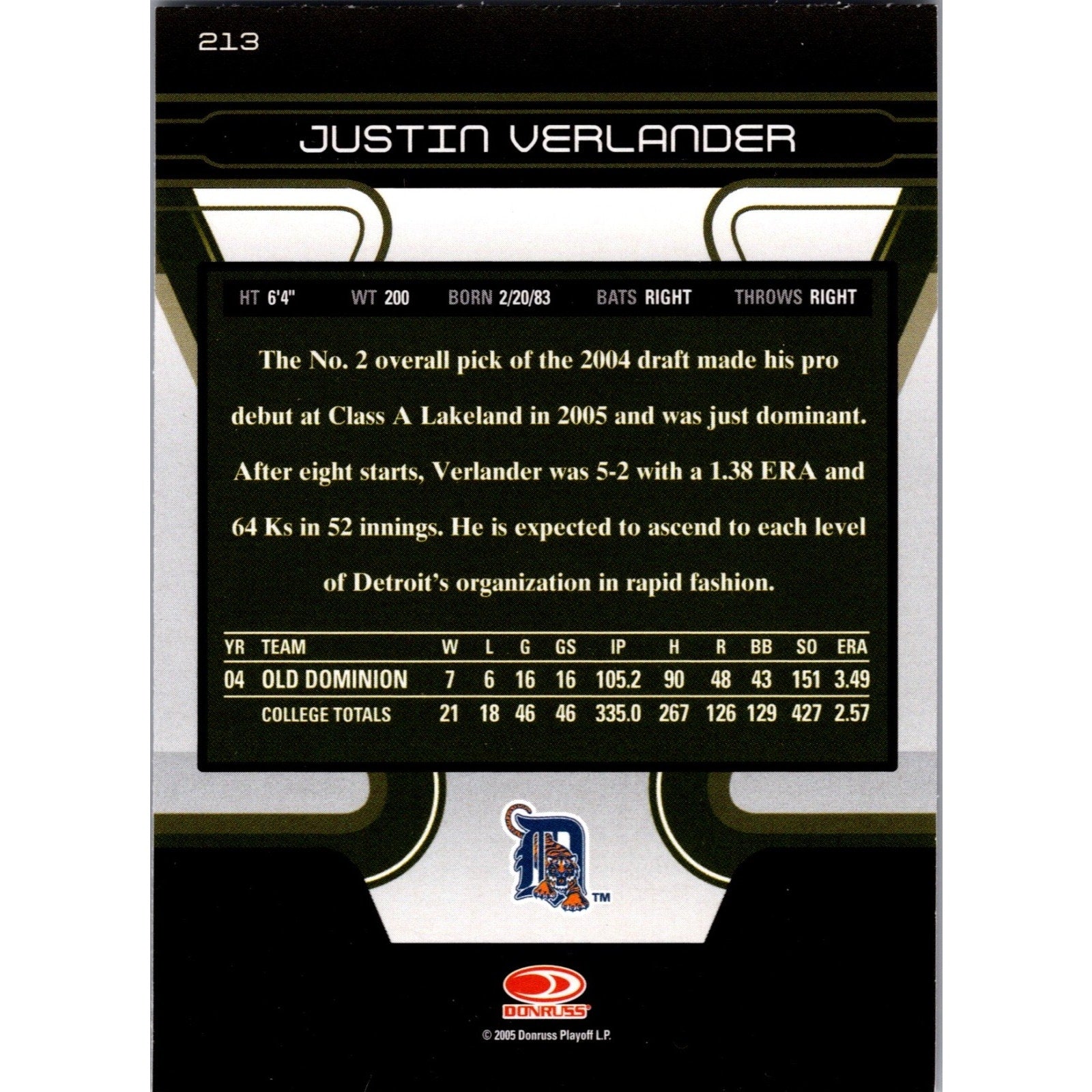 Justin Verlander 2005 Donruss Zenith Rookie #213 NM+ RC Detroit Tigers