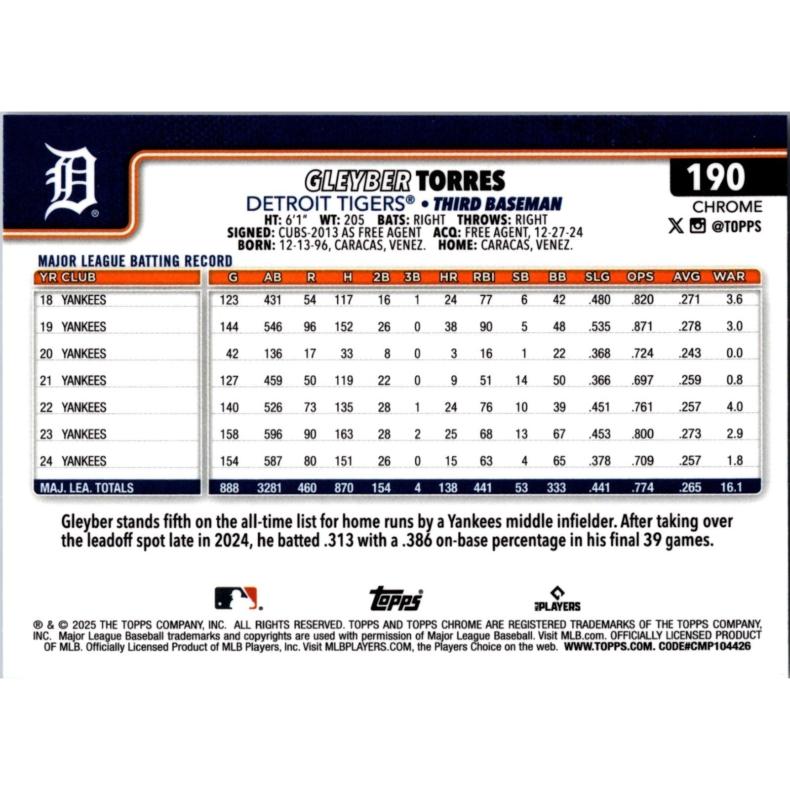 2025 Topps Chrome - #190 Gleyber Torres Prizm REFRACTOR Detroit Tigers