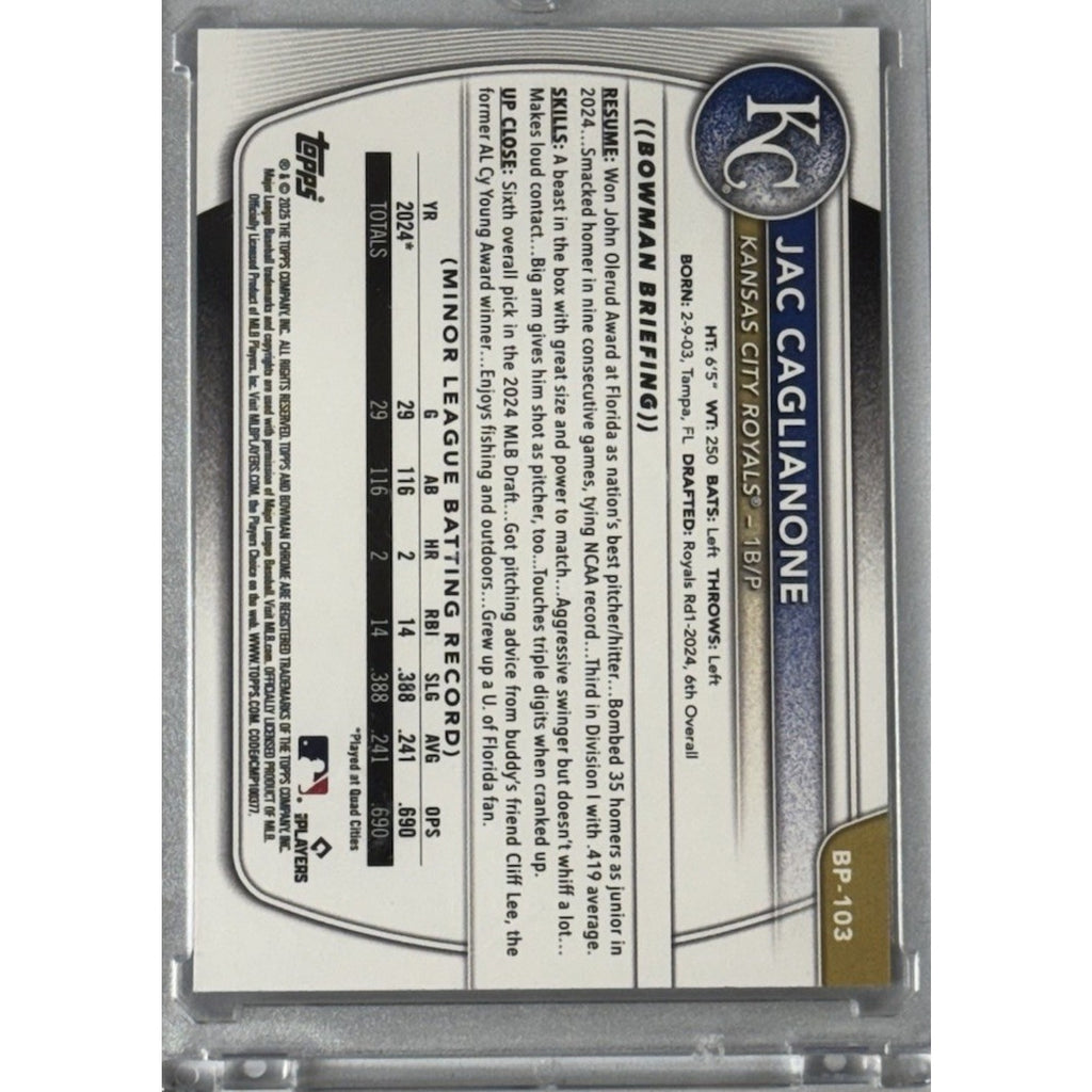 2025 BOWMAN Draft JAC CAGLIANONE PURPLE BANDANA /199 ROYALS ROOKIE #BP-103