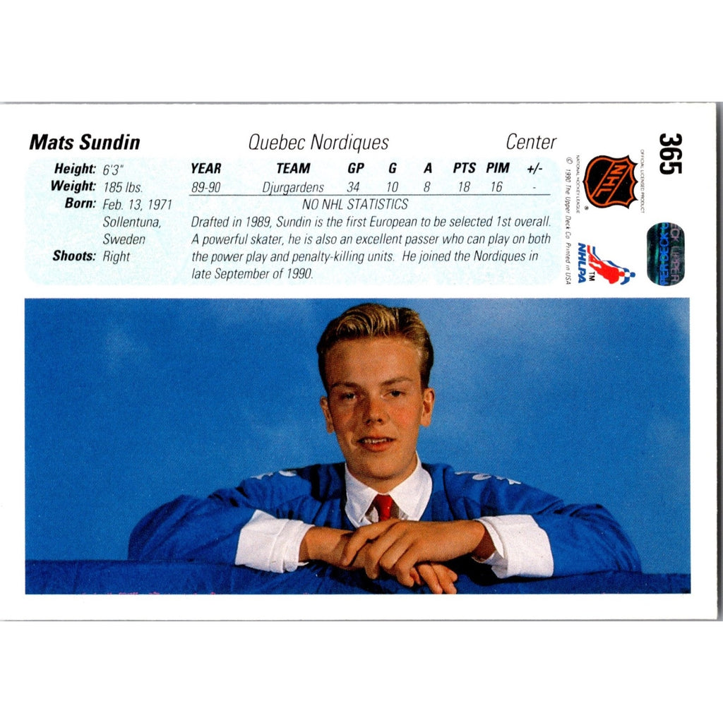 Mats Sundin RC 1990-91 Upper Deck #365 Rookie Quebec Nordiques Mint HOF