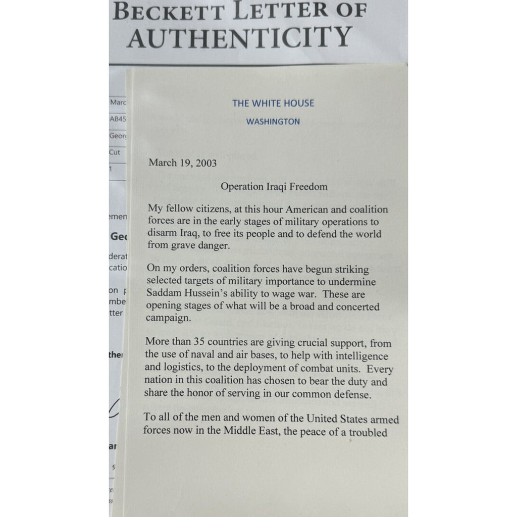 George W Bush Signed Souvenir Invading Iraq Speech COA 43 President USA