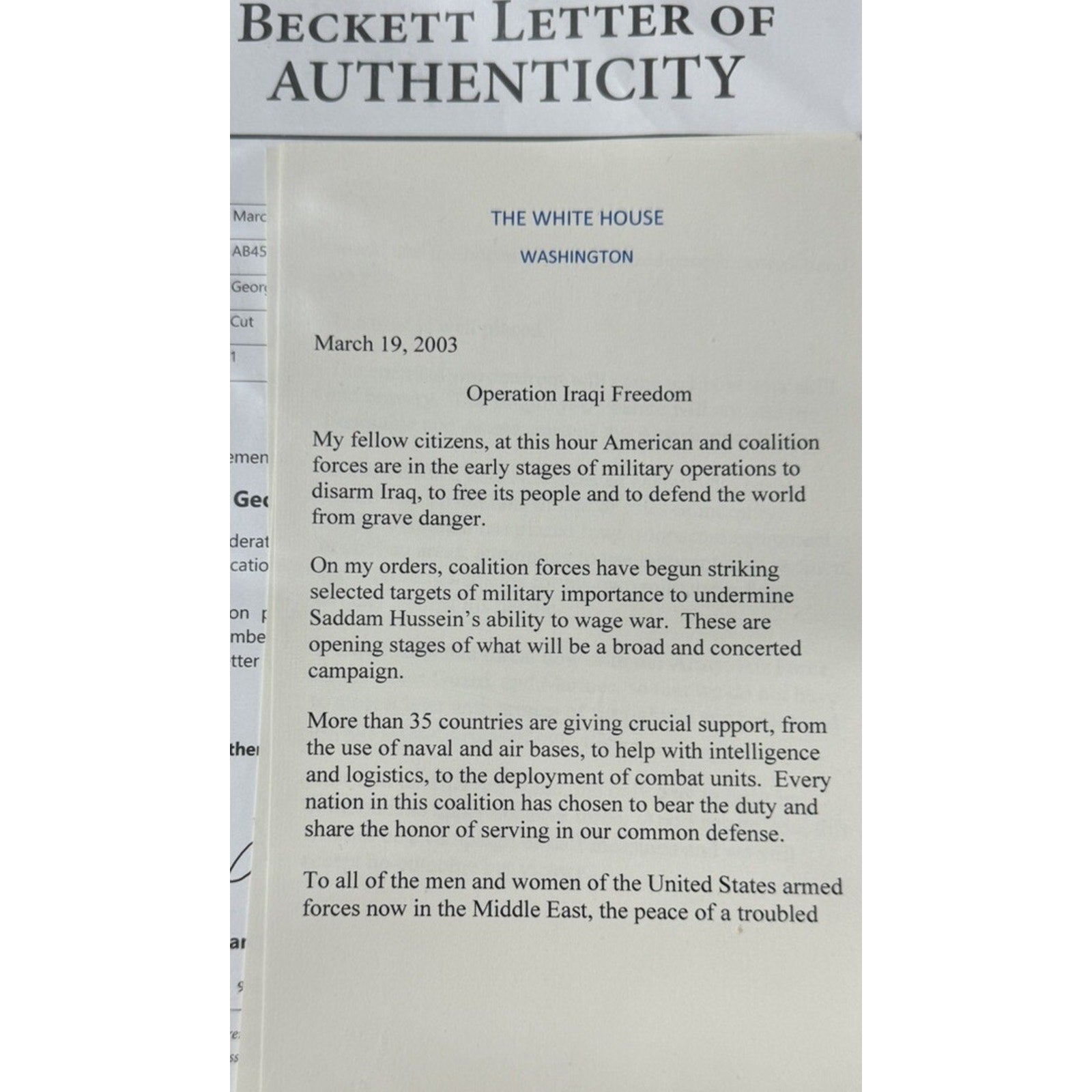 George W Bush Signed Souvenir Invading Iraq Speech COA 43 President USA