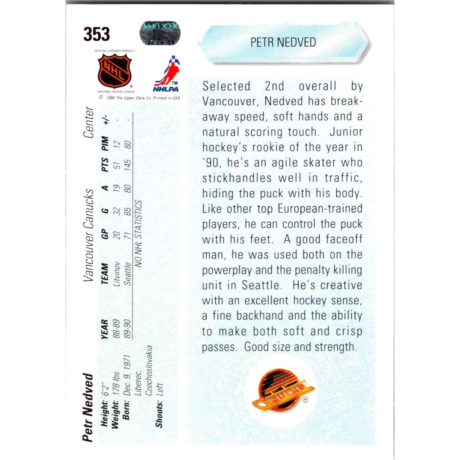 Petr Nedved #353 1990-91 Upper Deck Rookie Mint RC