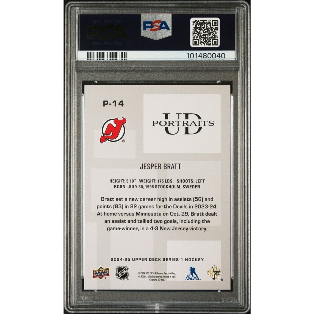 2024 Upper Deck UD Portraits #P14 Jesper Bratt New Jersey Devils PSA NM-MT