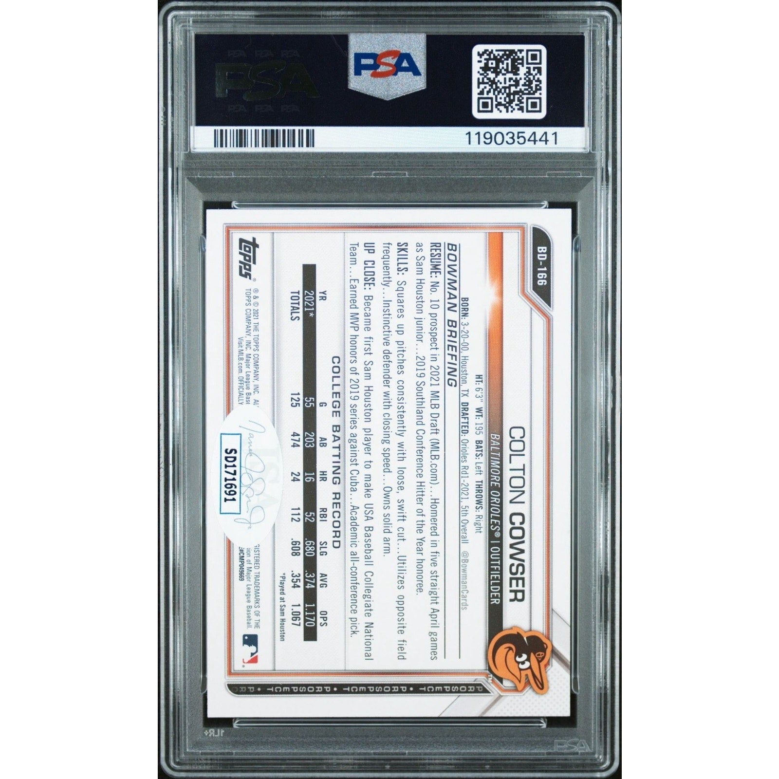 Colton Cowser 2021 Bowman Draft PSA 10 1st Rookie Auto BDC166 DNA 10 Orioles RC