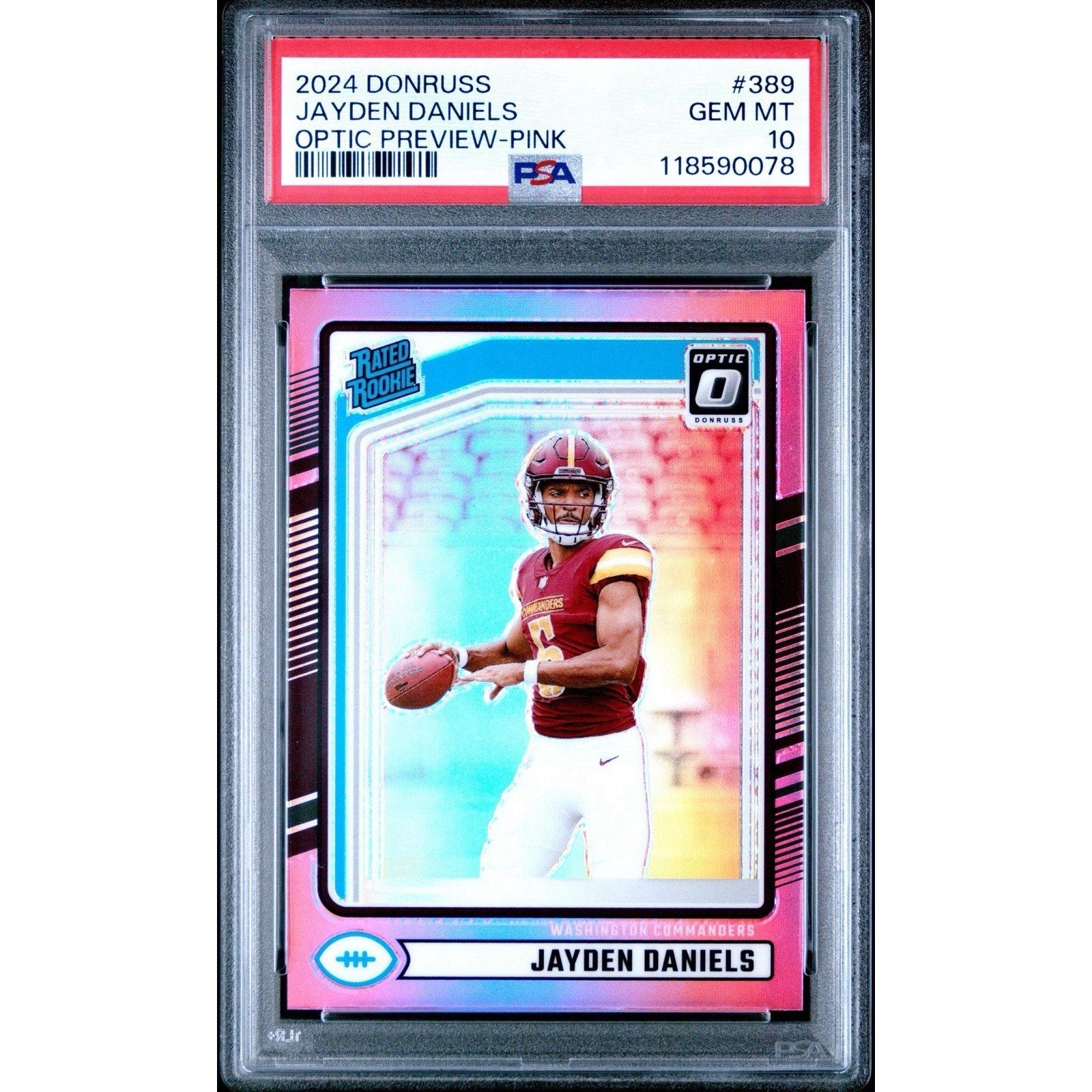 2024 Donruss Optic Preview Jayden Daniels Pink Prizm 389 Rookie PSA 10 GEM-MT RC