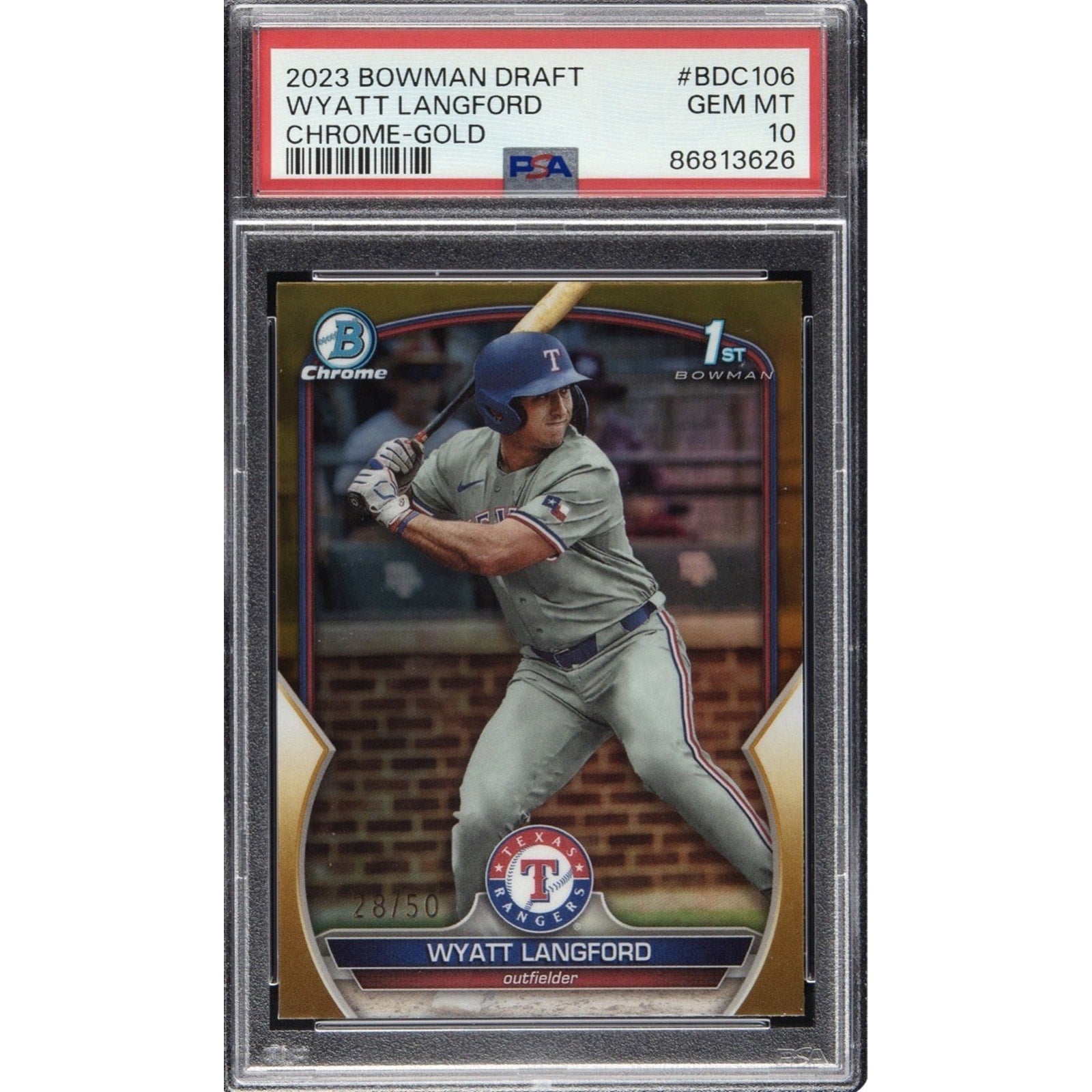 2023 Bowman Chrome Draft Wyatt Langford Gold Refractor /50 PSA 10 Gem Rookie RC