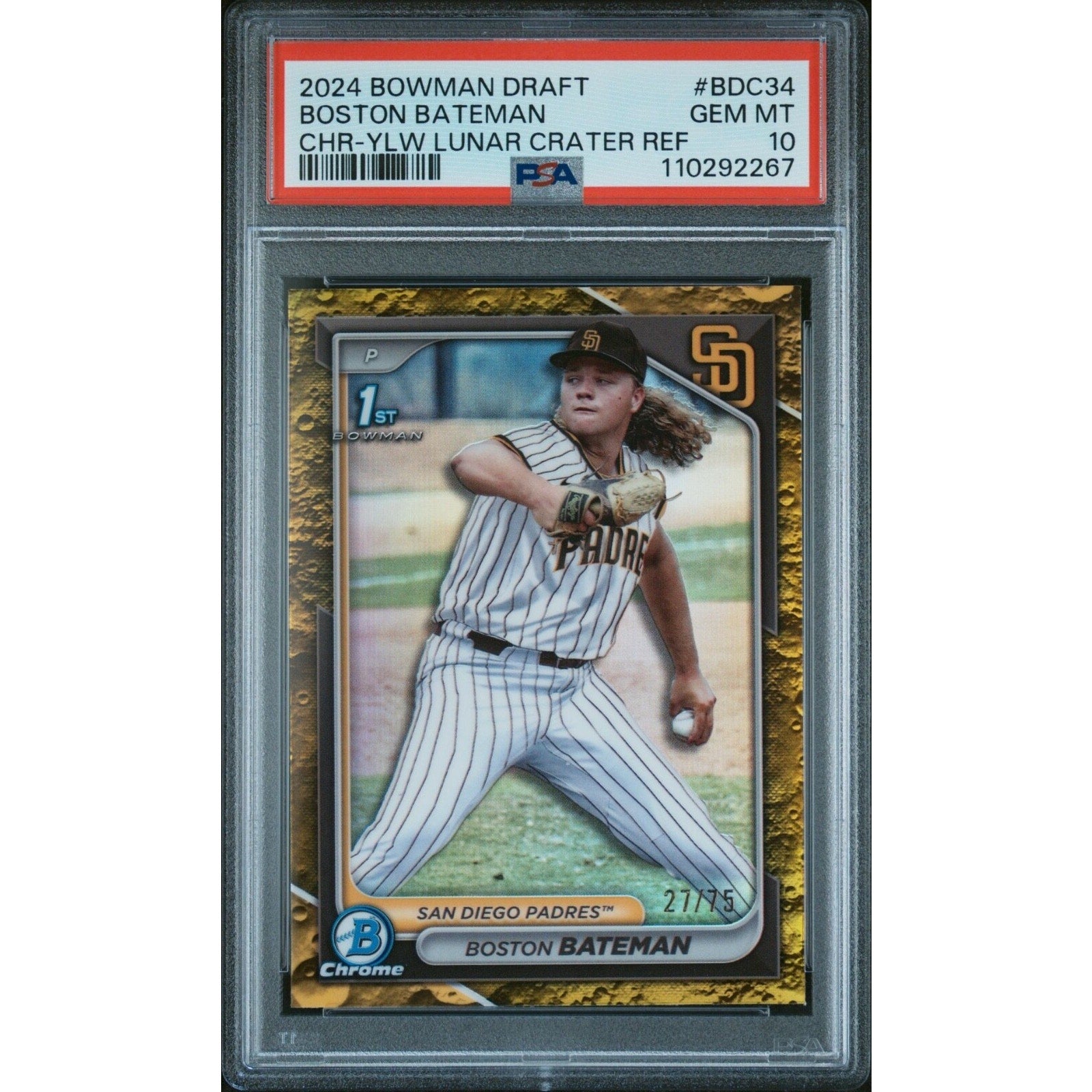BOSTON BATEMAN 2024 BOWMAN DRAFT YELLOW LUNAR Refractor #BDC-34 /75 PSA 10 POP 1
