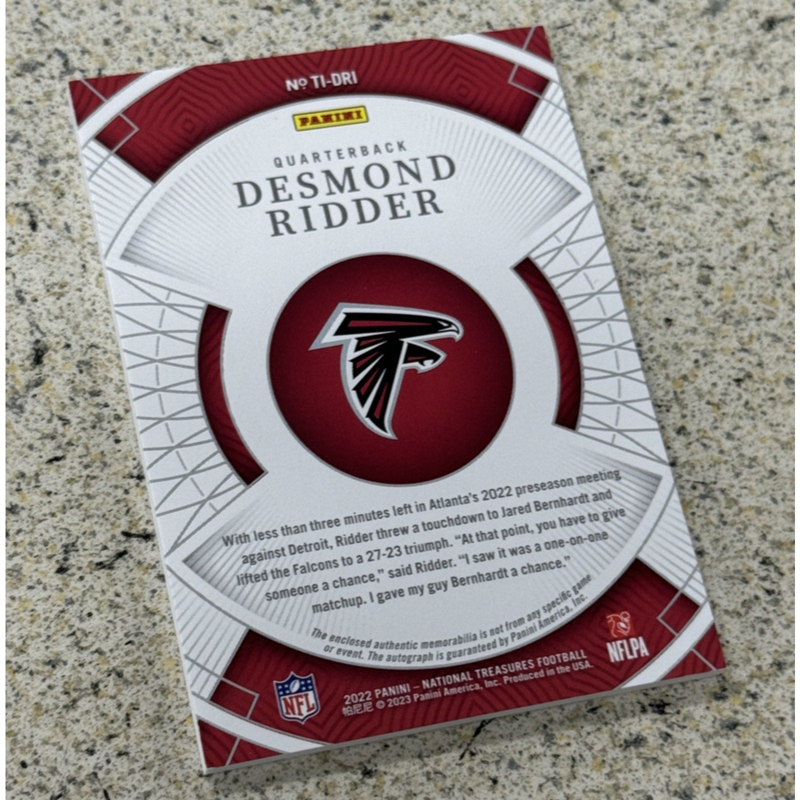 2022 National Treasures Desmond Ridder RPA /99 Rookie Patch On Card Auto RC SP