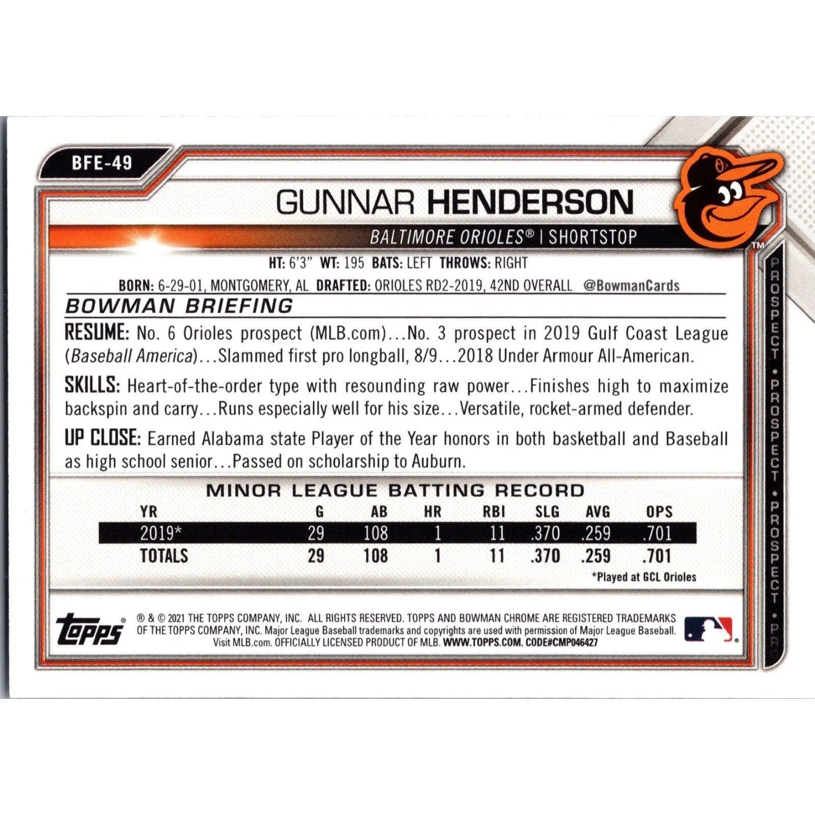 2021 Bowman 1st Edition - Gunnar Henderson #BFE-49 Sky Blue Foil (RC) MVP