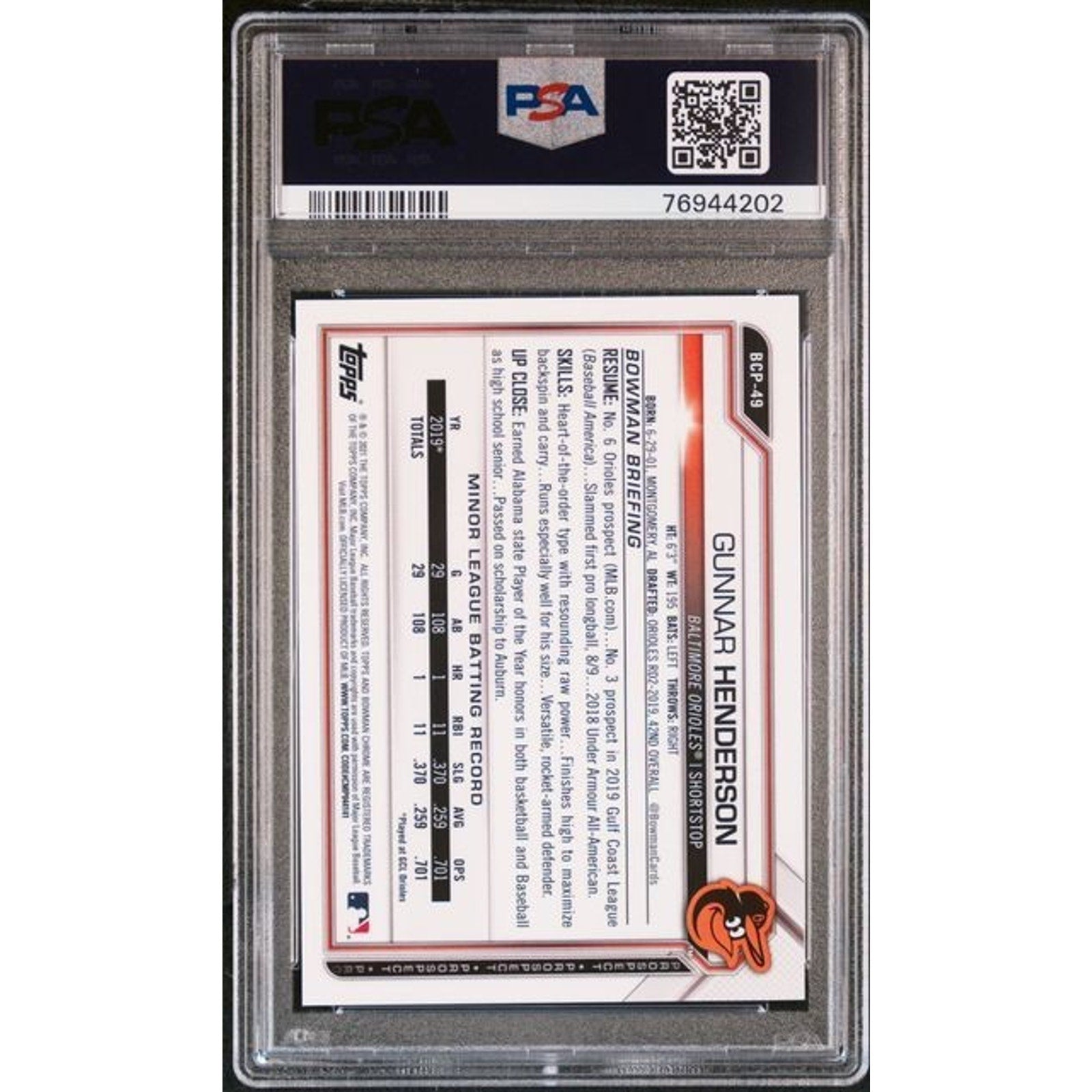 Gunnar Henderson 2021 Bowman Chrome Prospects Purple Refractor #BCP49 /250 PSA 9