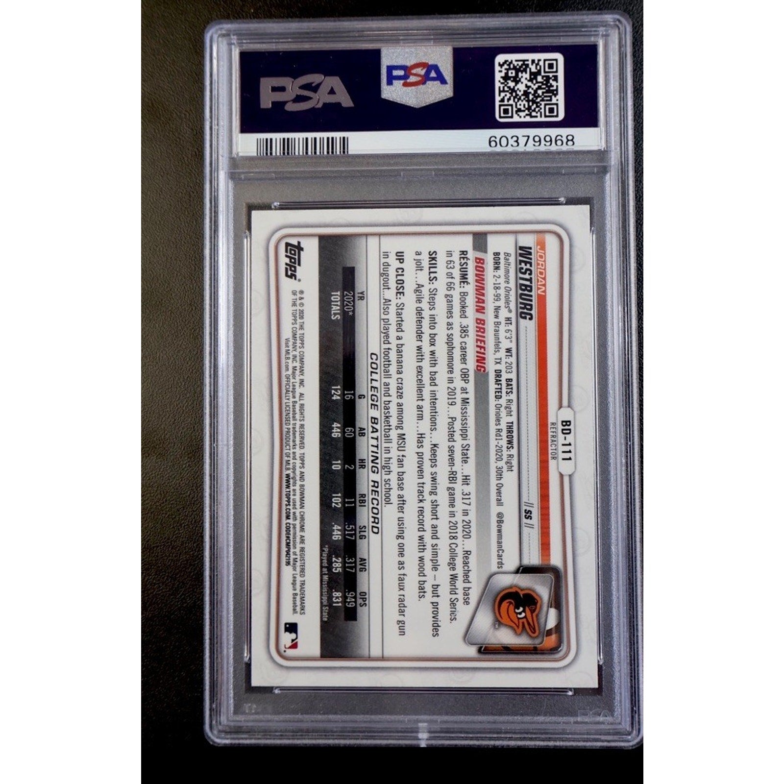 2020 Bowman Draft - Chrome Refractor Jordan Westburg (RC) PSA 9